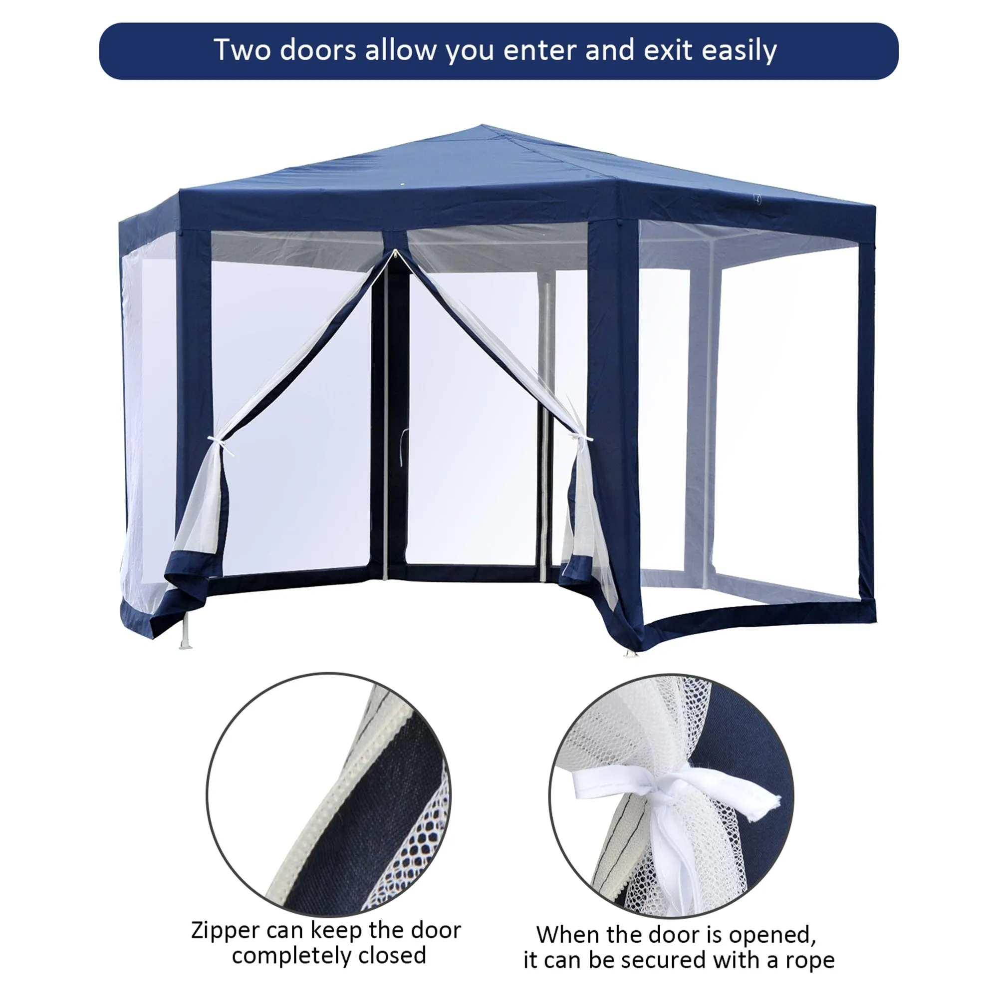 13 ft Hexagonal Patio Party Gazebo with Mosquito Bug Mesh - Blue