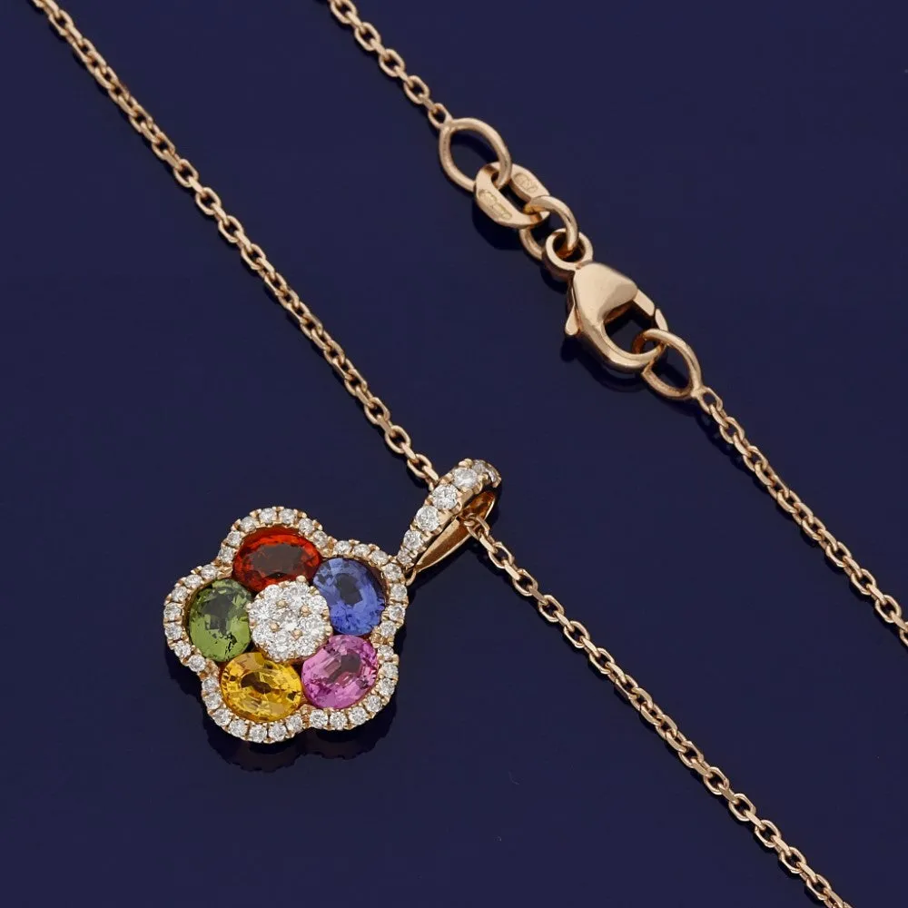 18ct Rose Gold Rainbow Sapphire & Diamond Flower Necklace