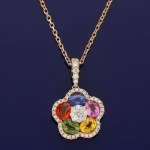 18ct Rose Gold Rainbow Sapphire & Diamond Flower Necklace