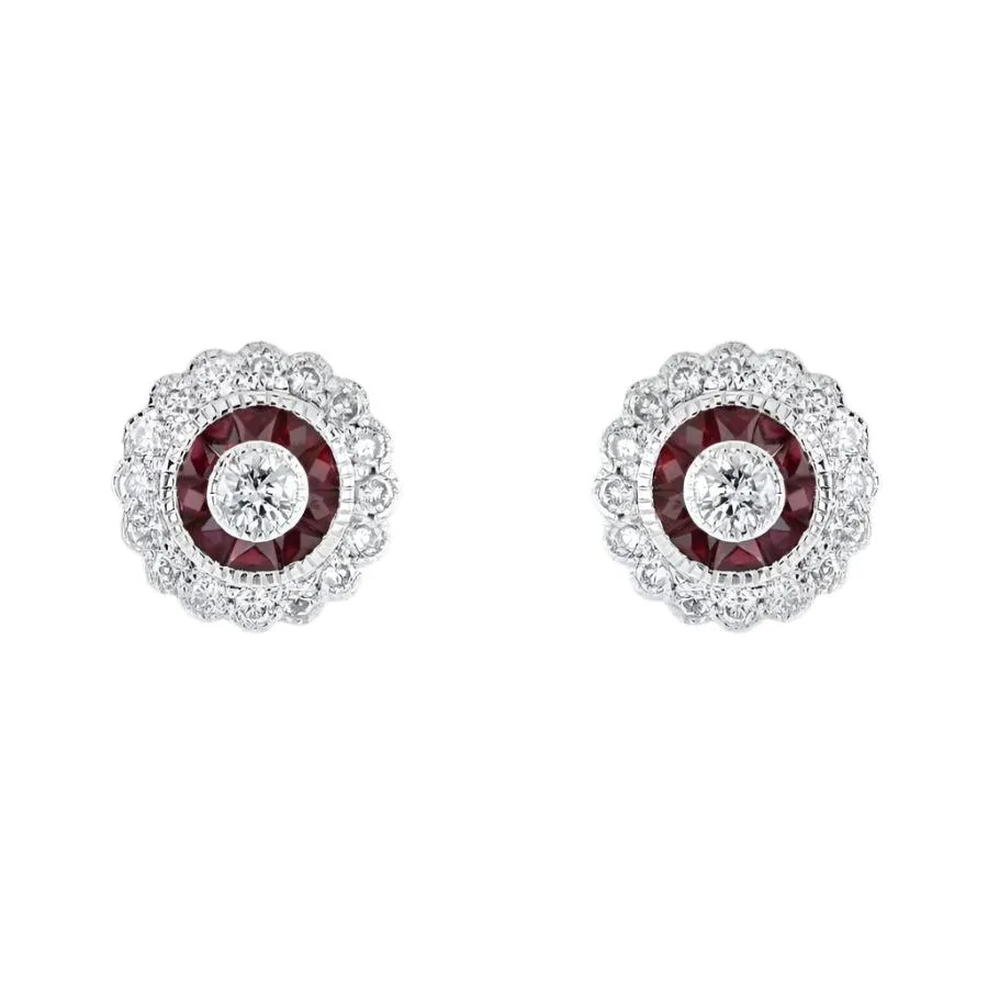 18ct White Gold Ruby & Diamond Cluster Stud Earrings