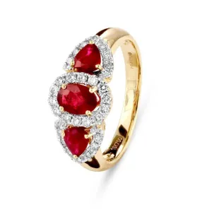 18ct yellow & white gold Ruby & Diamond triple cluster ring