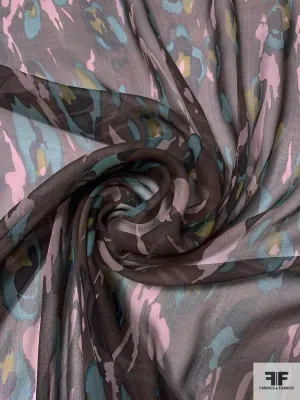 Abstract Printed Silk Chiffon - Brown / Black / Dusty Teal / Dusty Lavender