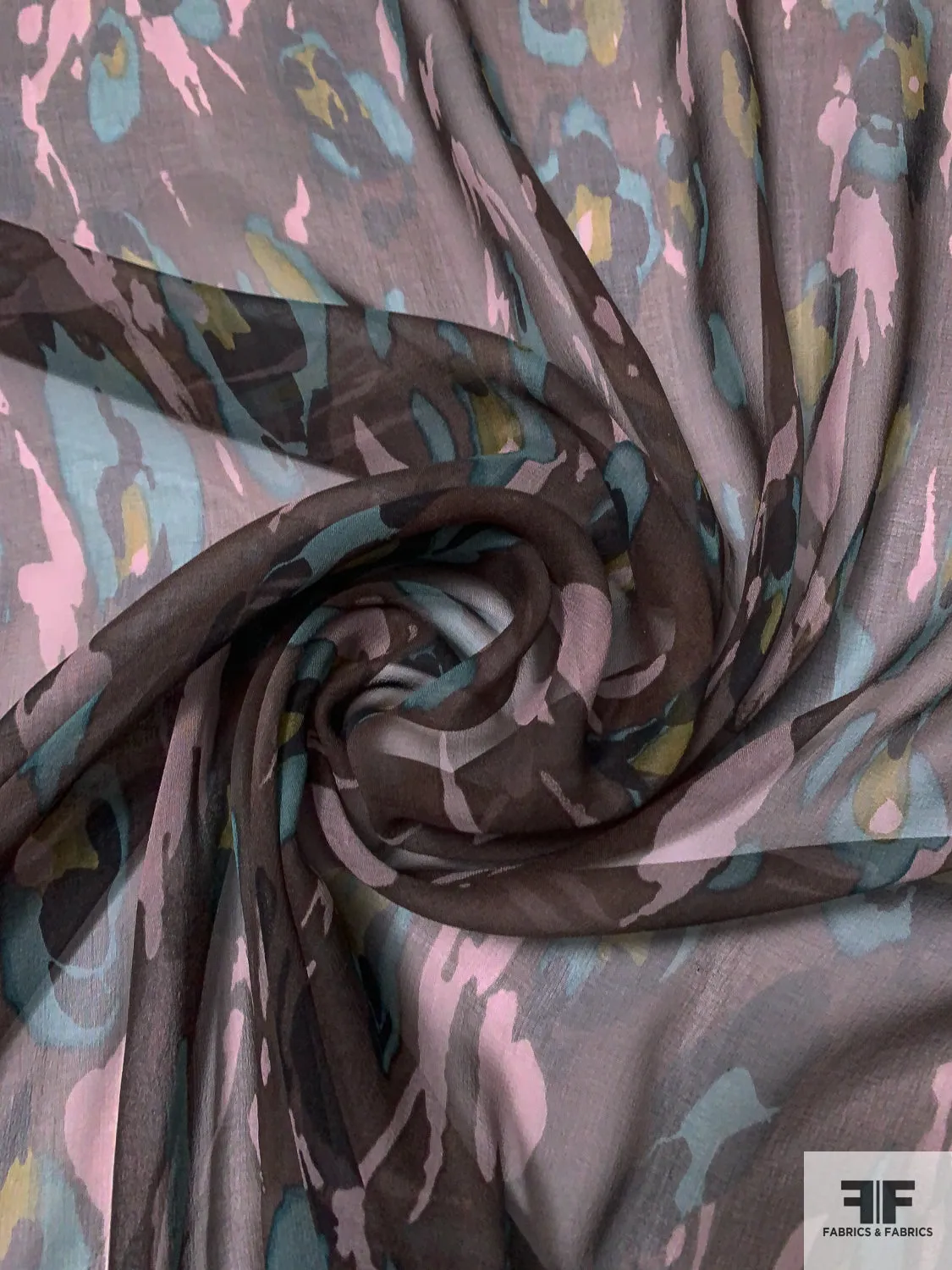 Abstract Printed Silk Chiffon - Brown / Black / Dusty Teal / Dusty Lavender