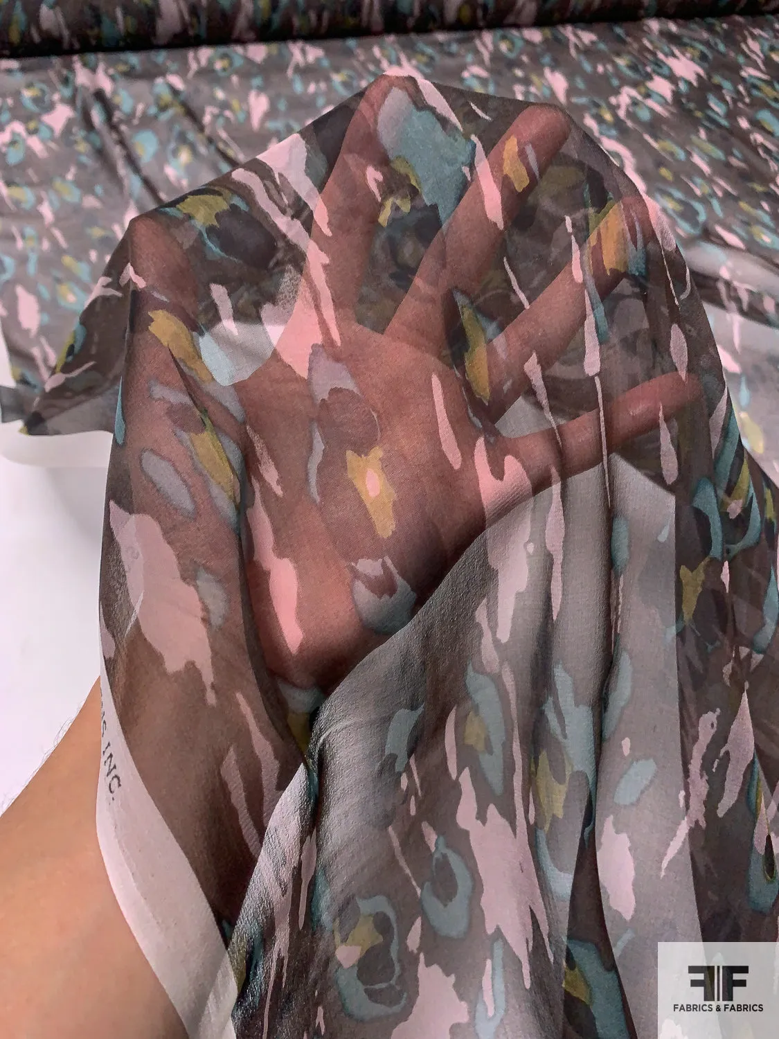 Abstract Printed Silk Chiffon - Brown / Black / Dusty Teal / Dusty Lavender