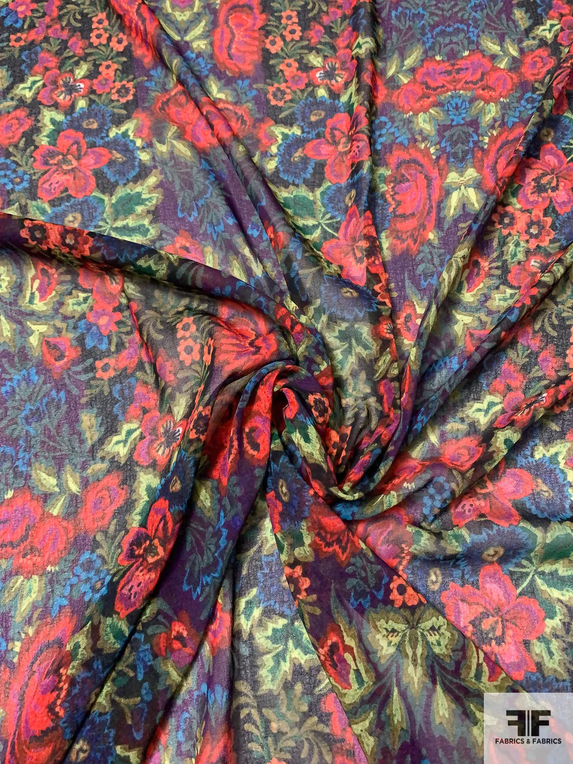 Anna Sui Floral Printed Polyester Chiffon-Georgette - Hot Orange / Yellow / Purple / Blue / Dark Greens