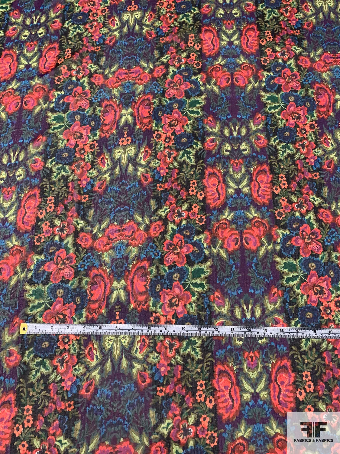 Anna Sui Floral Printed Polyester Chiffon-Georgette - Hot Orange / Yellow / Purple / Blue / Dark Greens