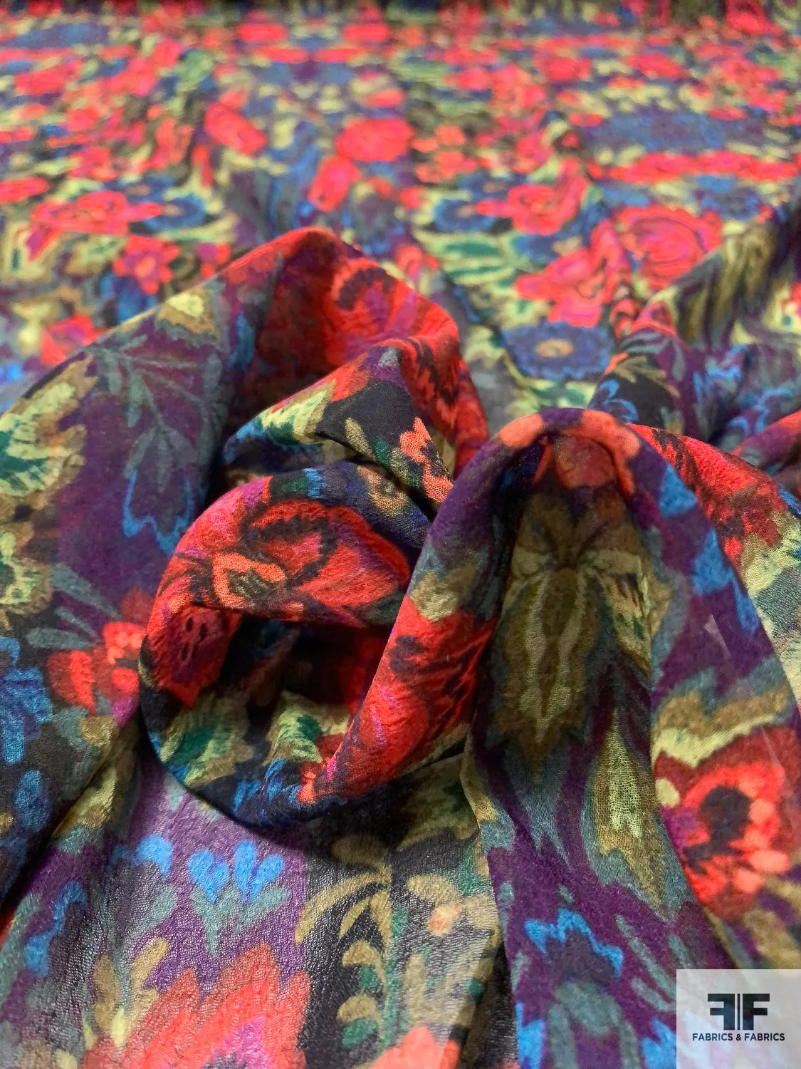 Anna Sui Floral Printed Polyester Chiffon-Georgette - Hot Orange / Yellow / Purple / Blue / Dark Greens