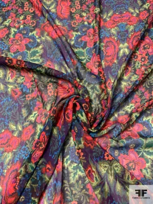 Anna Sui Floral Printed Polyester Chiffon-Georgette - Hot Orange / Yellow / Purple / Blue / Dark Greens