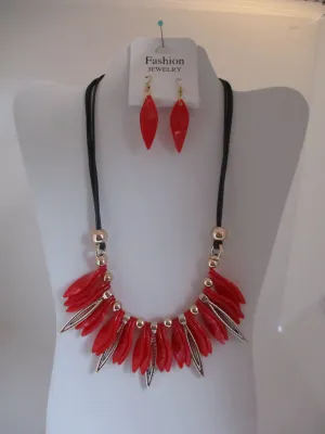 Black Cord Red Gold Twist Bead, Acrylic Beads Necklace Earring Set (NE460)