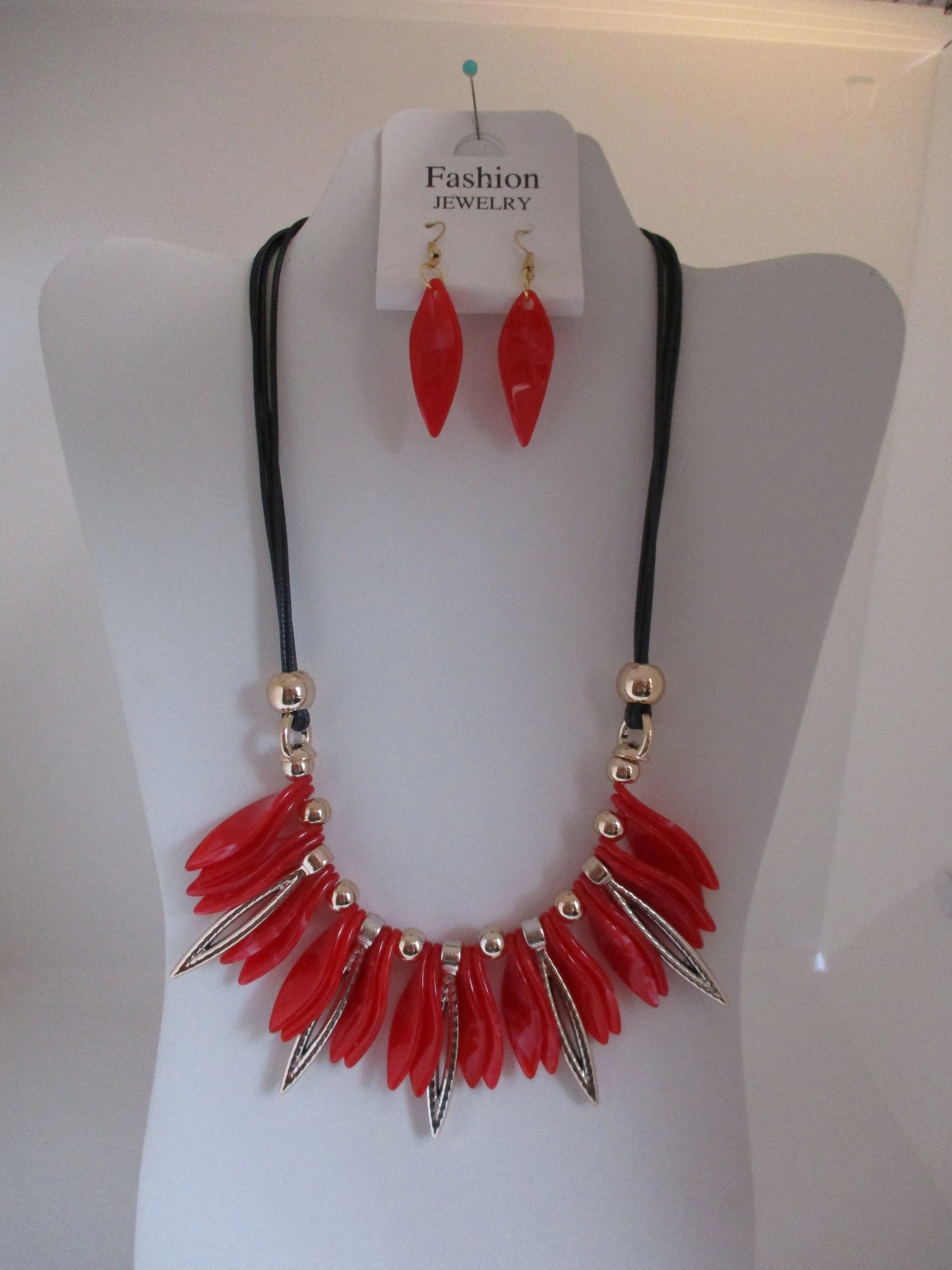 Black Cord Red Gold Twist Bead, Acrylic Beads Necklace Earring Set (NE460)