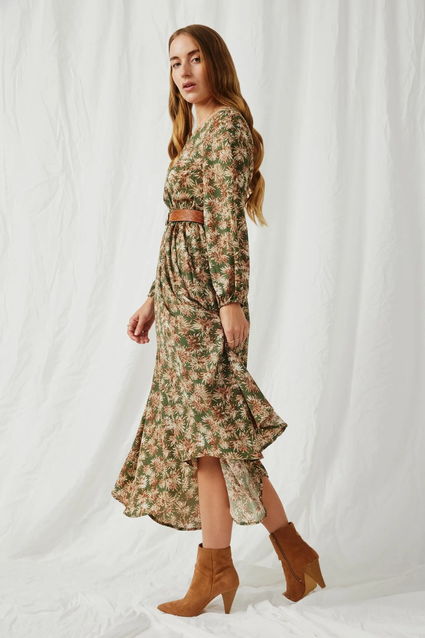 Botanical Print V Neck Long Sleeve Dress