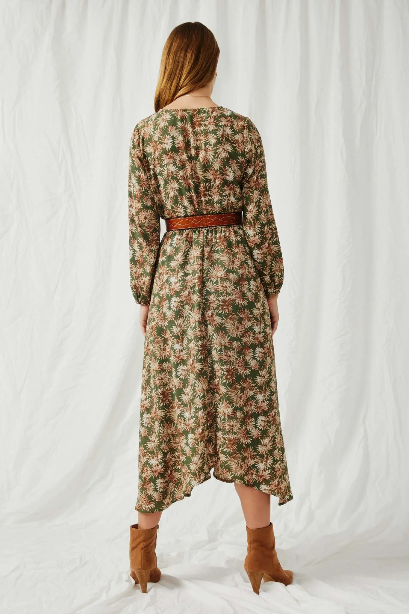 Botanical Print V Neck Long Sleeve Dress