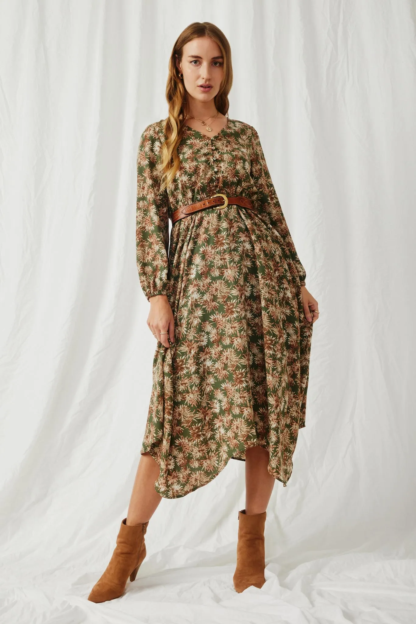 Botanical Print V Neck Long Sleeve Dress