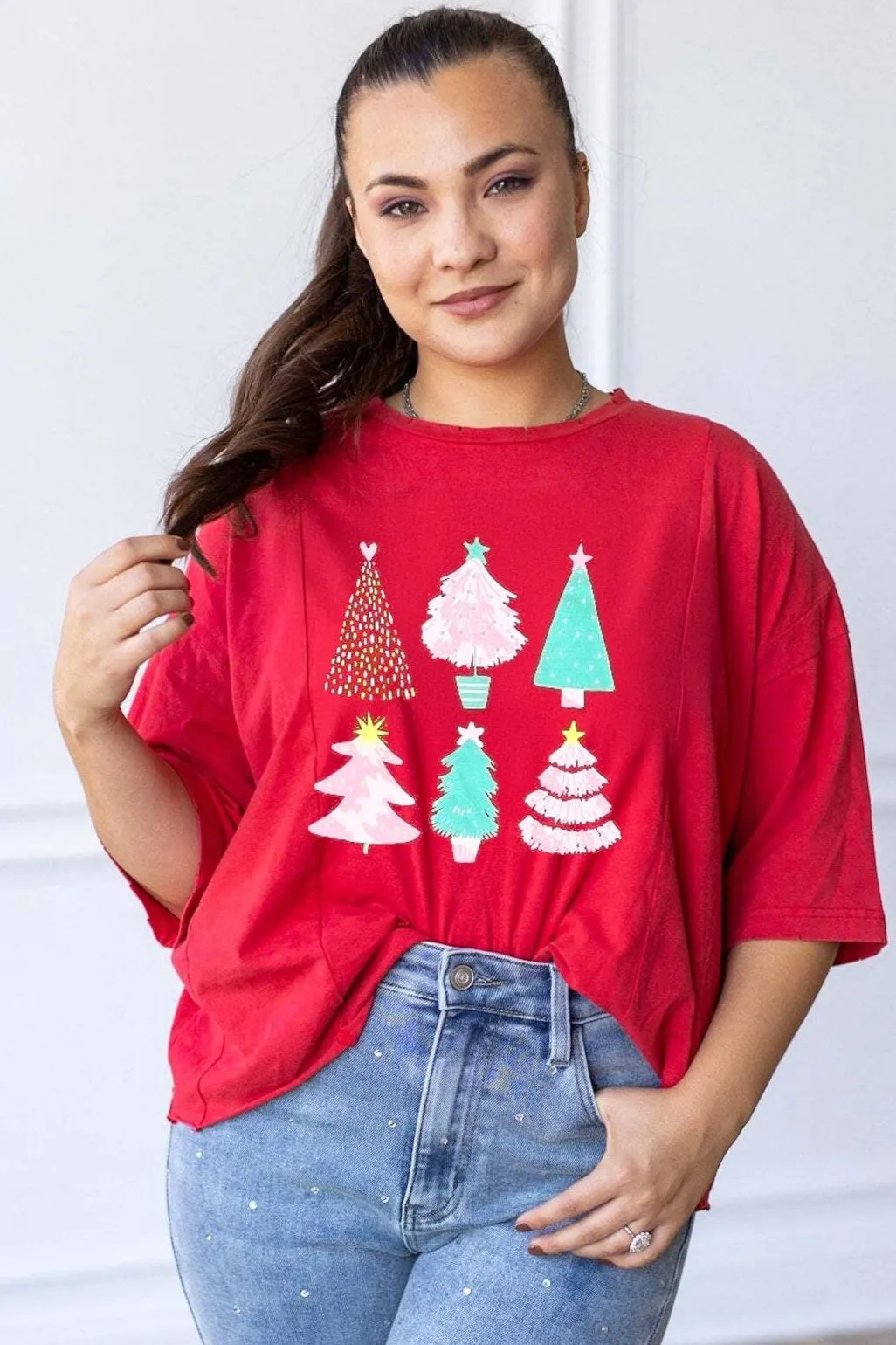 Christmas Trees on Red Boxy Crop Top