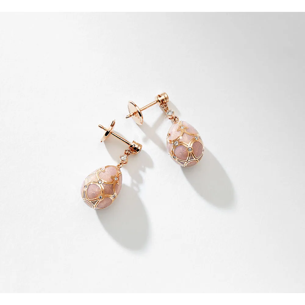 Fabergé Heritage Rose Gold Pink Guilloché Enamel Egg Drop Earrings