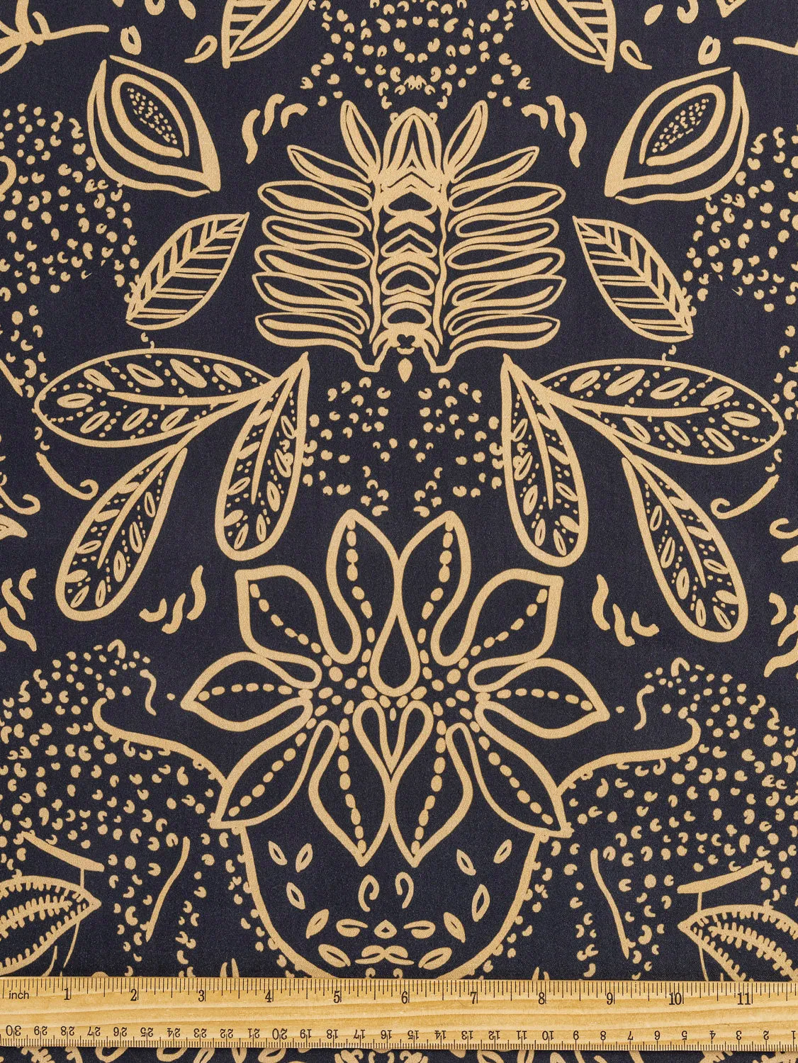 Illustrated Botanical Print Stretch Cotton Sateen - Black   Gold