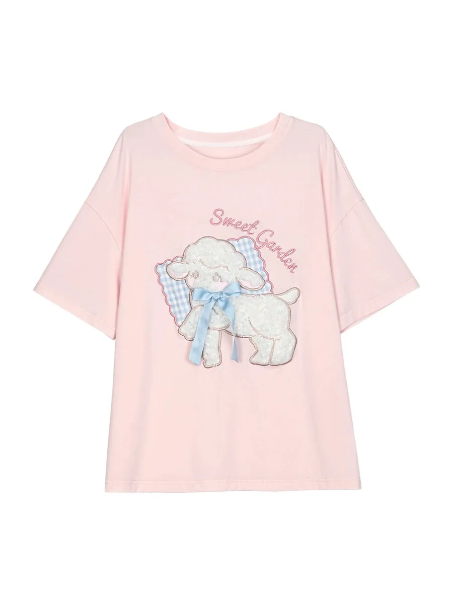 Lamb Love Cute Patch Short Sleeve Tee & Off Shoulder Top