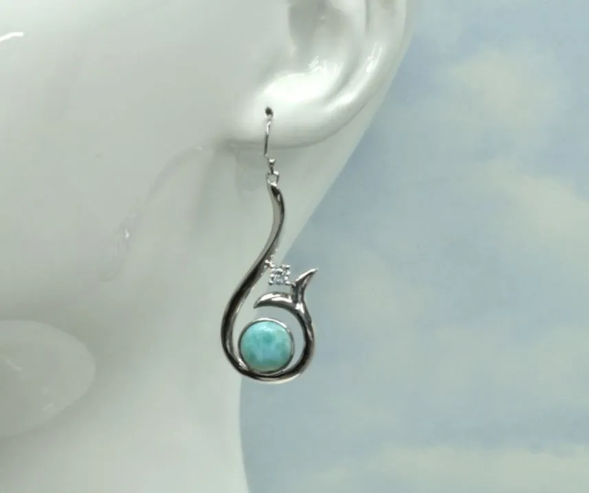 Larimar 10mm Whale Tail Earrings with 4mm White Sapphire