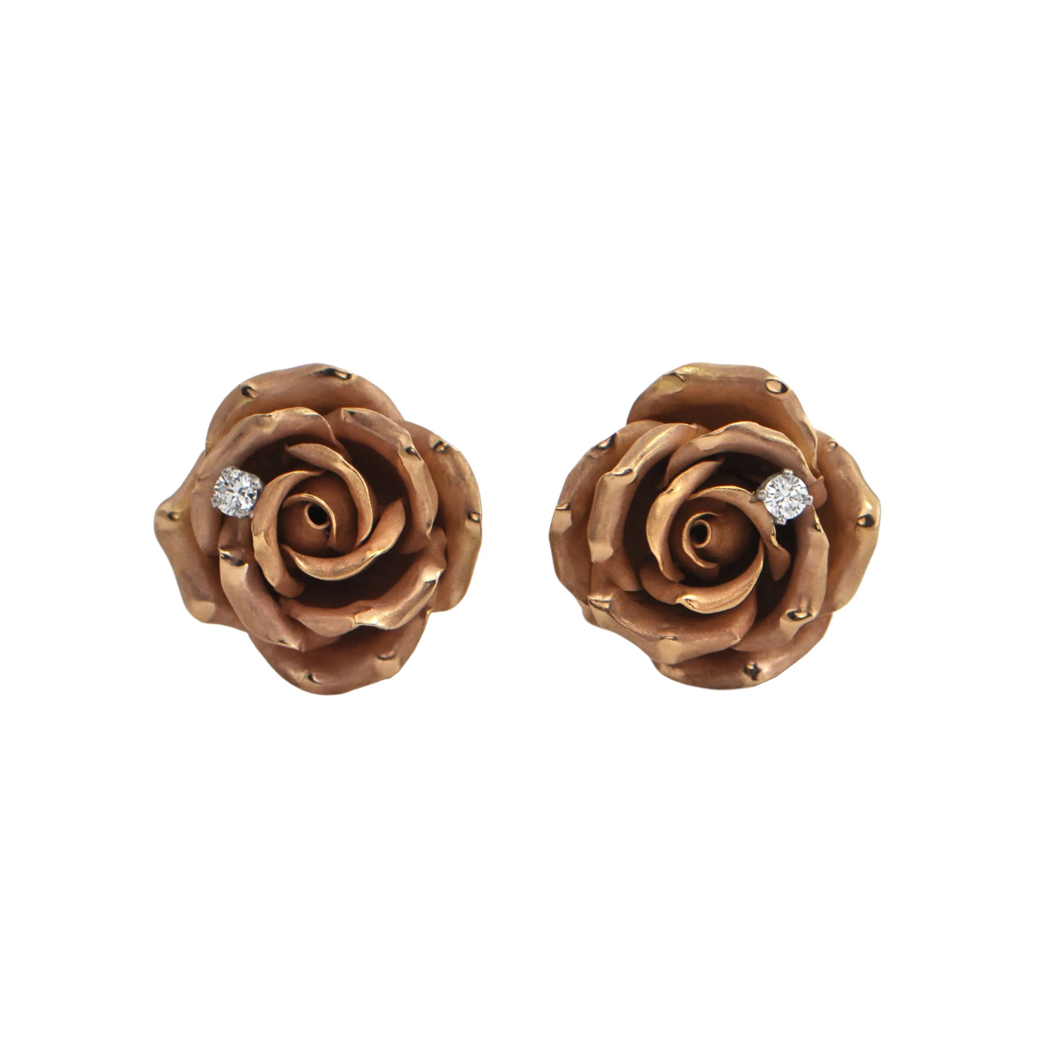 Mid-Century Diamond 14K Rose Gold Rose Earrings