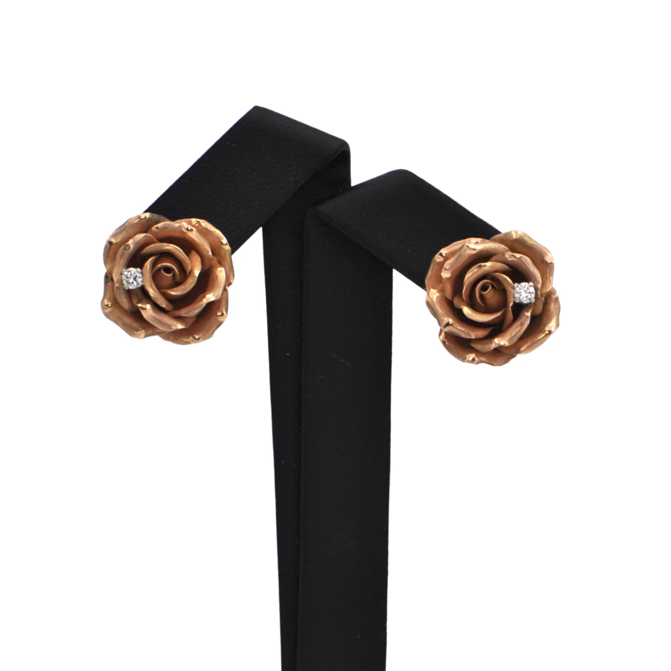 Mid-Century Diamond 14K Rose Gold Rose Earrings