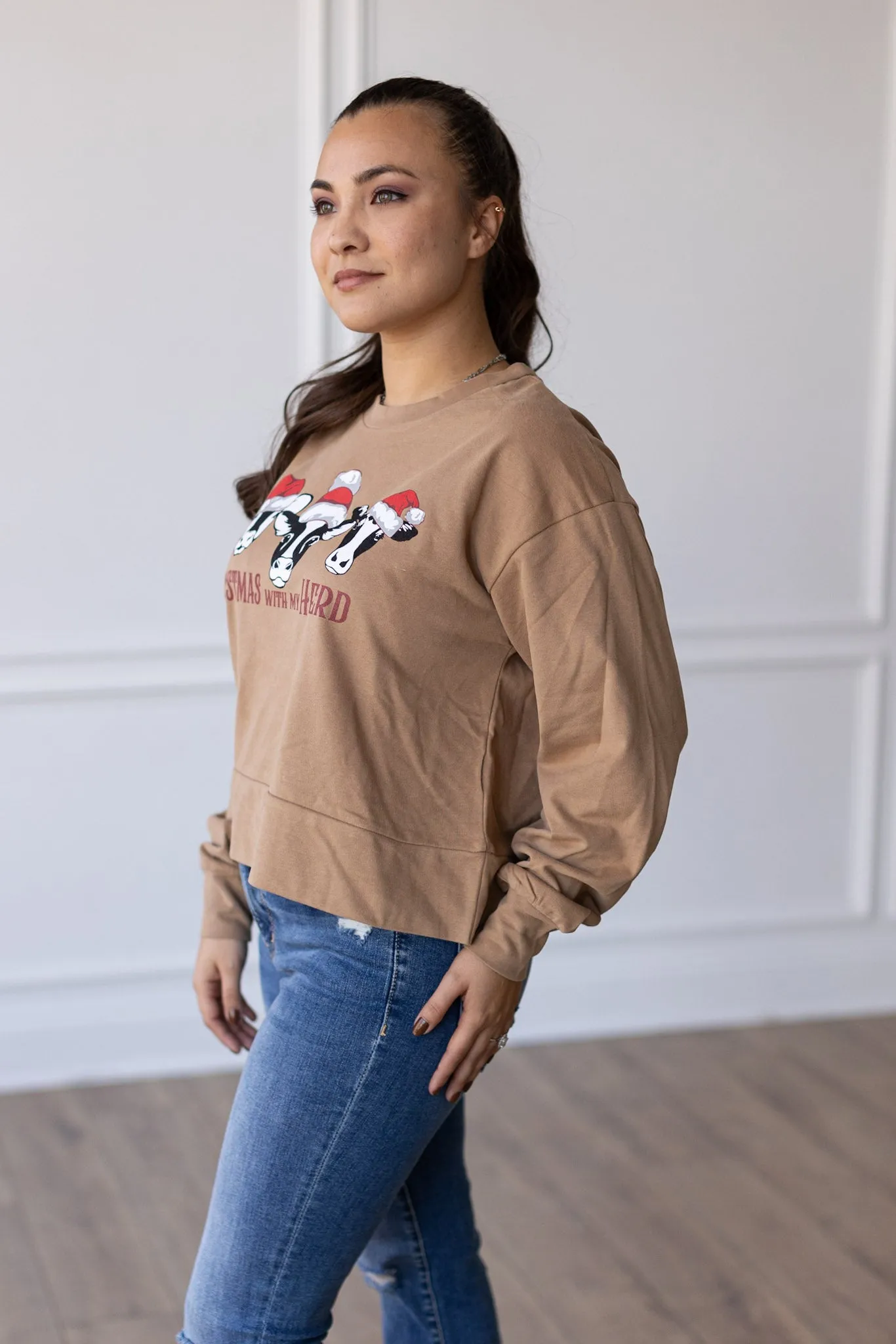 "Christmas With My Herd" on Carmel Macchiato Tan Cropped Sweatshirt