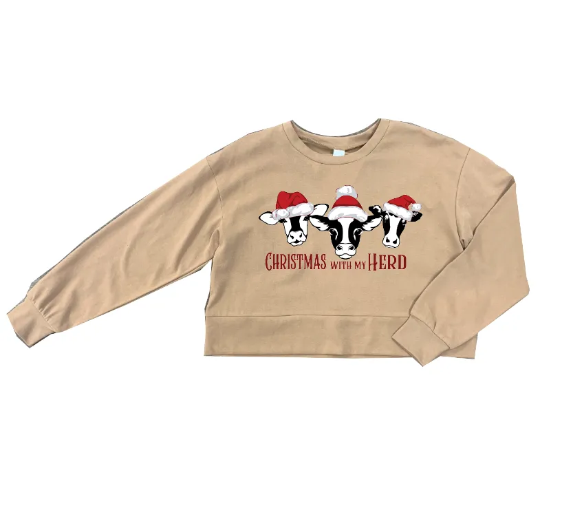 "Christmas With My Herd" on Carmel Macchiato Tan Cropped Sweatshirt