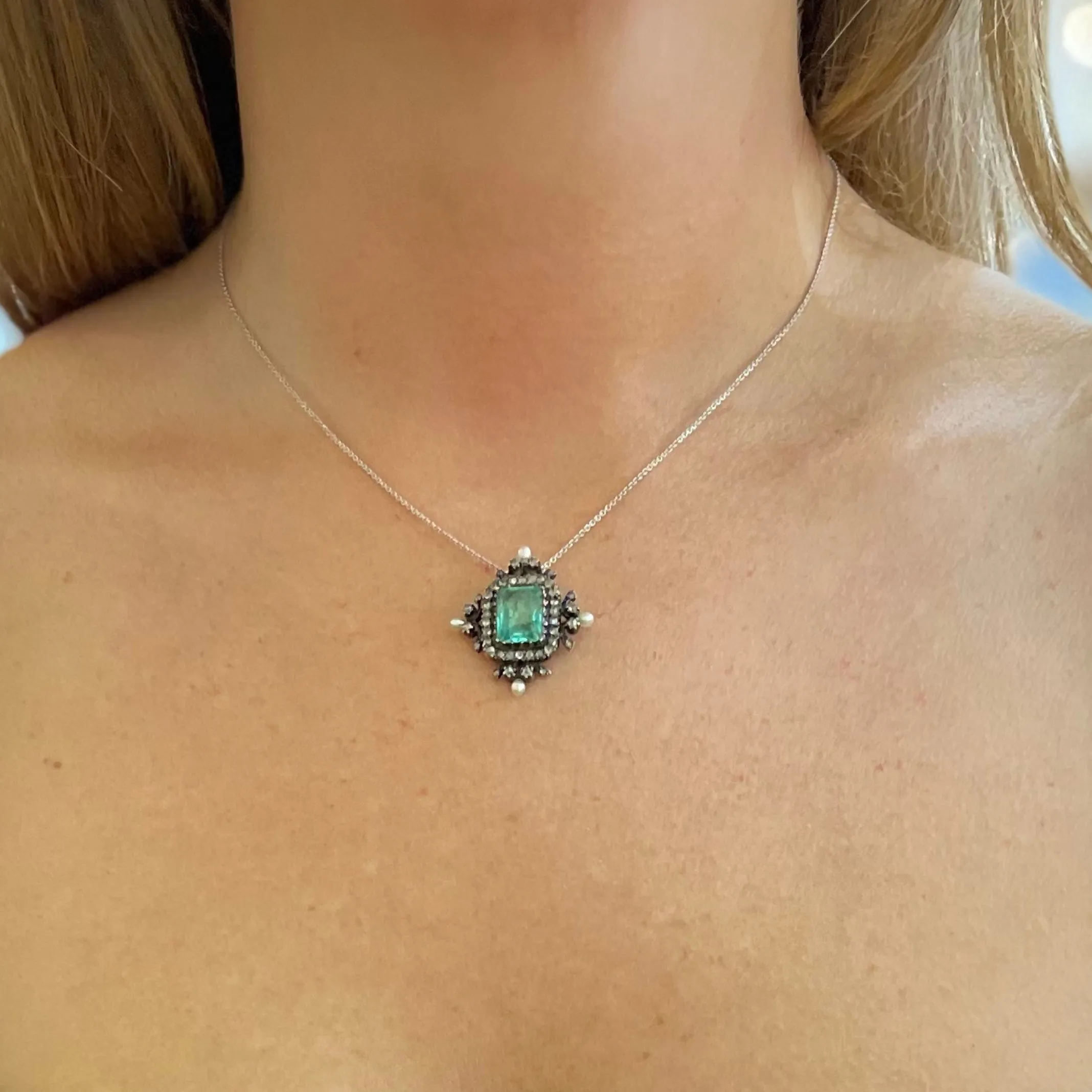 Rare Georgian Emerald, Diamond, and Pearl Pendant