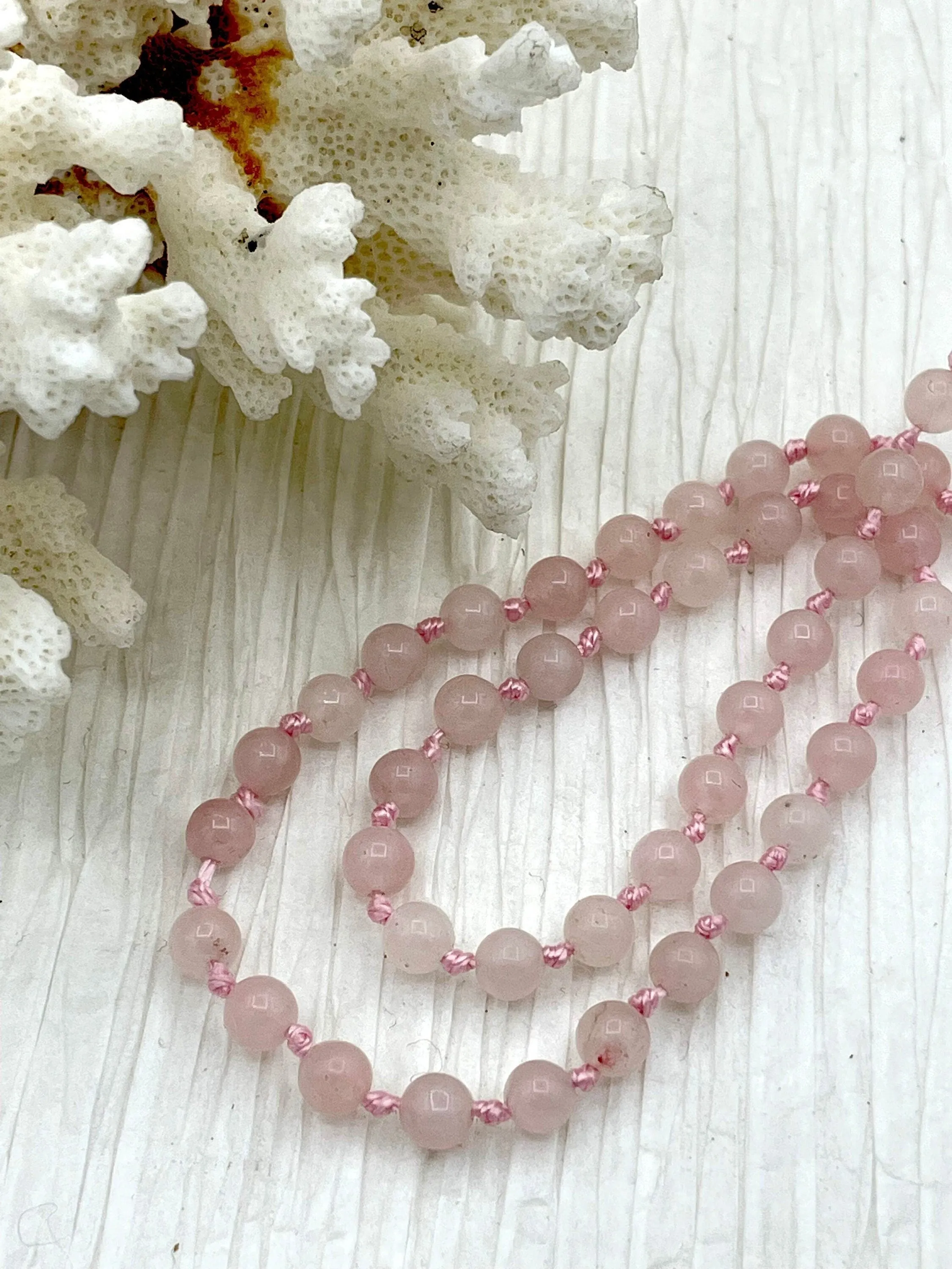 Rose Quartz Hand Knotted Necklace, Mala Necklace, Beaded Necklace, Hand Knotted Gemstone Necklace, 36" 6mm Polished finish. Fast Shipping