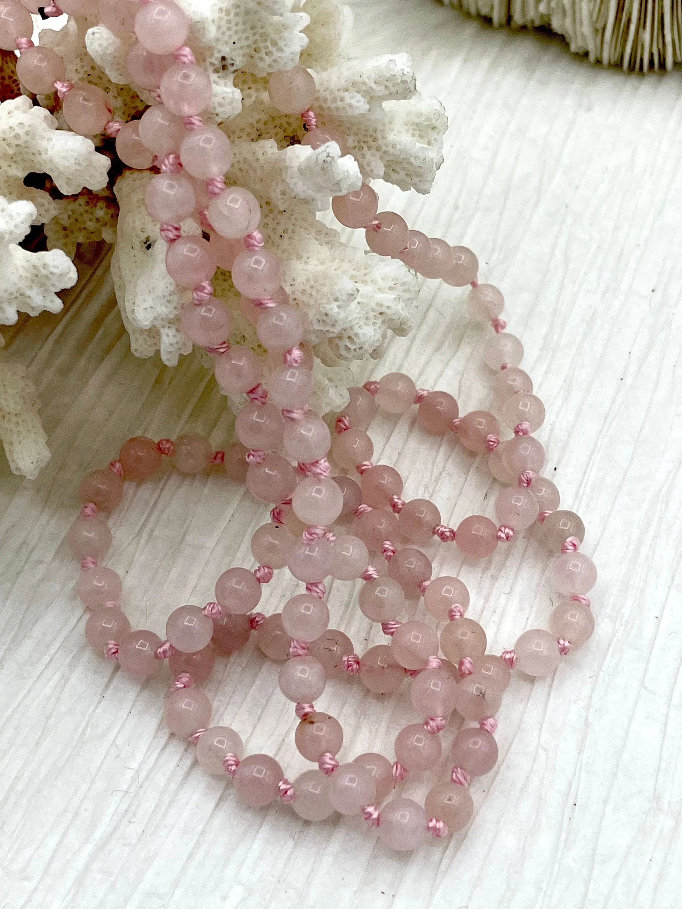 Rose Quartz Hand Knotted Necklace, Mala Necklace, Beaded Necklace, Hand Knotted Gemstone Necklace, 36" 6mm Polished finish. Fast Shipping