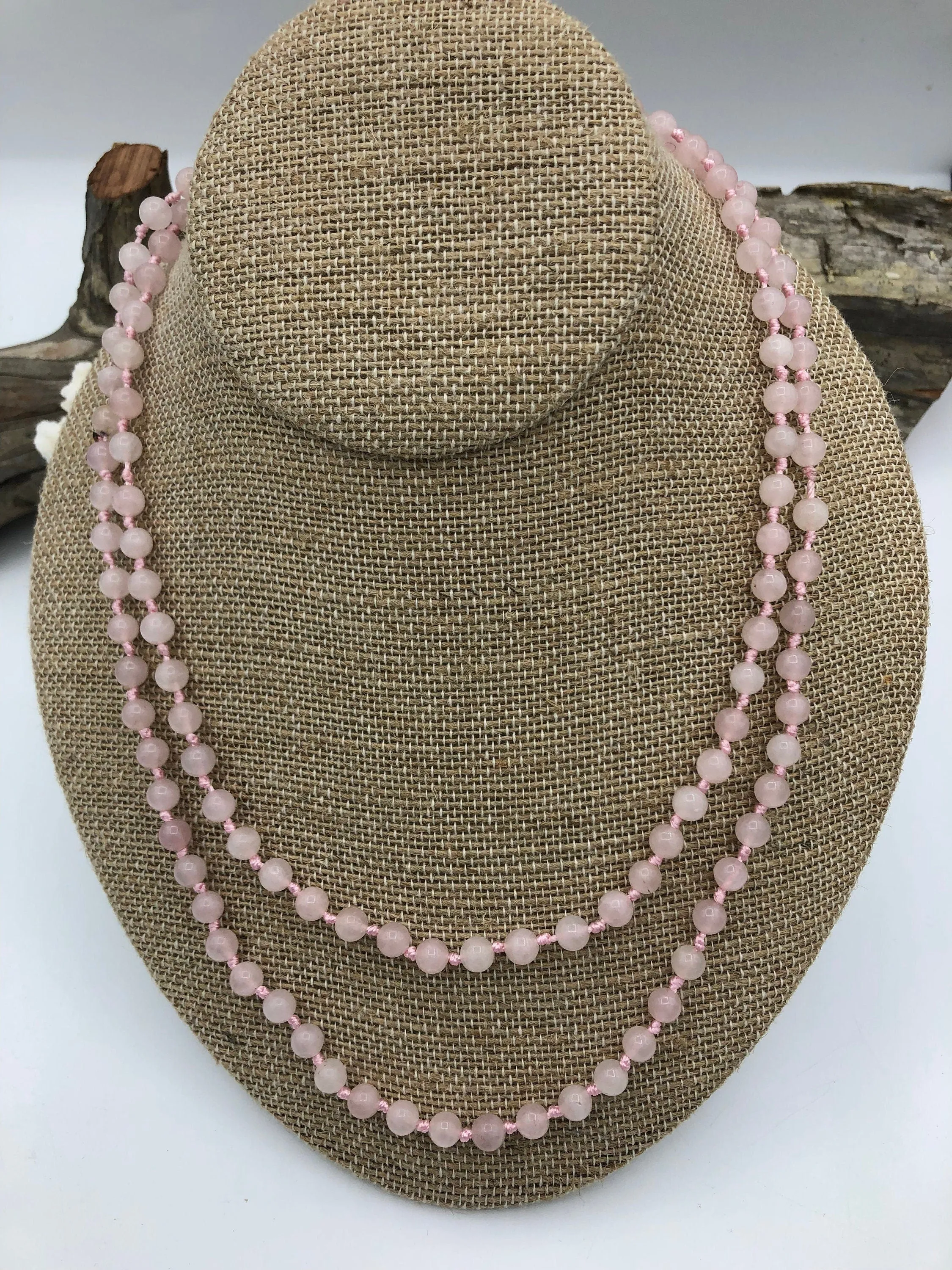 Rose Quartz Hand Knotted Necklace, Mala Necklace, Beaded Necklace, Hand Knotted Gemstone Necklace, 36" 6mm Polished finish. Fast Shipping